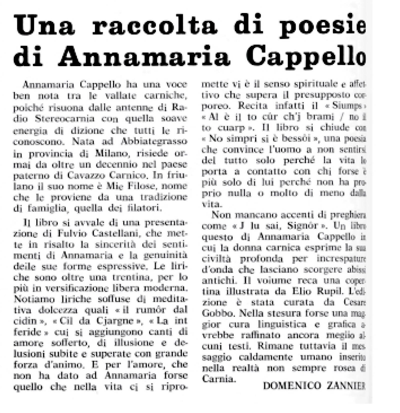 Friuli nel Mondo n. 344, giugno 1983: recensione di Domenico Zannier delle Poesie di Annamaria Cappello curate da Cesare Gobbo con Radio Stereo Carnia