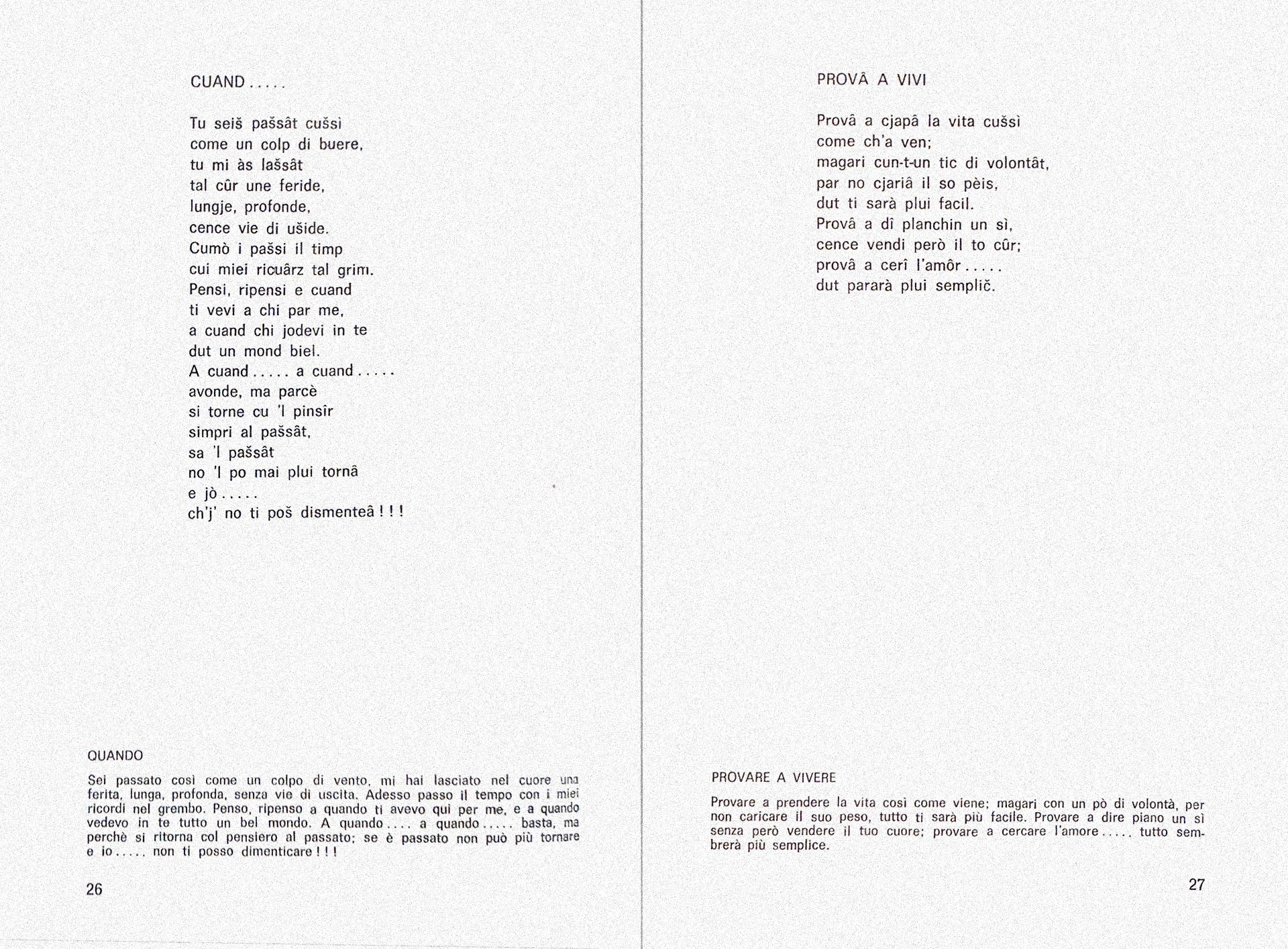 Doppia pagina del libro Poesie di Annamaria Cappello: testo in lingua carnica a sinistra, traduzione italiana a destra